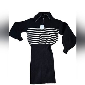 Forever 21 Black & White Striped Cowl ZipNeck Sweaterdress Balloon Sleeves Small
